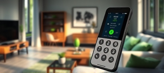 modern callerid phone, engaged, notifying a user, photorealistic, cozy living room with contemporary furniture, highly detailed, vibrating with an incoming call animation, ultra-high definition, monochromatic with green accents, natural sunlight streaming in, shot with a 35mm lens