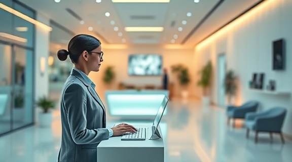 cutting-edge virtual receptionist, attentive, speaking with clients, photorealistic, corporate lobby with digital art installations and smart furniture, highly detailed, fluctuating voice waves, full HD, vivid pastel colors, cool ambient lighting, shot with a tilt-shift lens