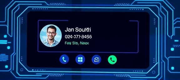 innovative callerid display, informative, showcasing a contact photo and name, photorealistic, minimalist modern tech setting, highly detailed, responsive UI components, detail-rich graphics, pastel blues and whites, soft key lighting, shot with a 70-200mm lens