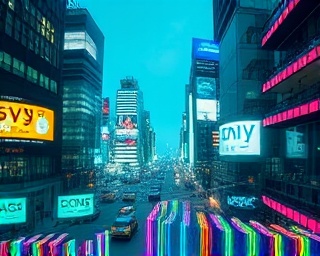 cutting-edge CSNY technology, triumphant, revolutionizing the digital realm, photorealistic, futuristic city with holographic displays, highly detailed, innovative tech bursts, high-def resolution, vibrant greens and blues, futuristic lighting, shot with a fish-eye lens.