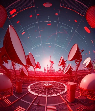 reliable digital SIP, robust, encrypting signals, photorealistic, at a satellite station surrounded by arrays of antennas, highly detailed, signal patterns and frequency spectrums, vivid contrast, deep red, bright direct light, shot with a fisheye lens