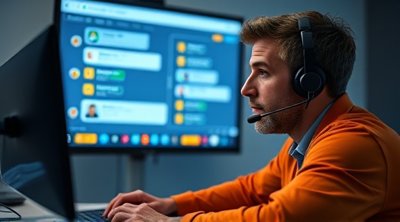 advanced VoIP communication, engaged expression, conducting an online training session, photorealistic, virtual classroom with interactive whiteboard, highly detailed, scrolling chat messages, 12k resolution, orange and blue, ring light illumination, shot with a 105mm lens