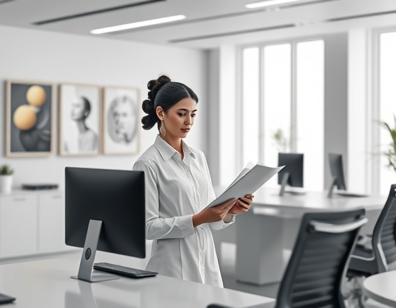 sleek digital receptionist, informative, scanning documents, photorealistic, minimalistic office with digital artworks and ergonomic chairs, highly detailed, subtle hum of electronic devices, high definition, monochrome with splashes of color, natural daylight, shot with a macro lens