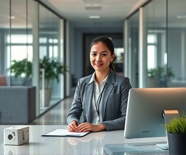modern smart receptionist, helpful, organizing desk, photorealistic, contemporary office layout with natural elements and glass partitions, highly detailed, slight breeze flickering papers, 8K clarity, soft grayscale palette, warm spotlight, shot with a 85mm lens