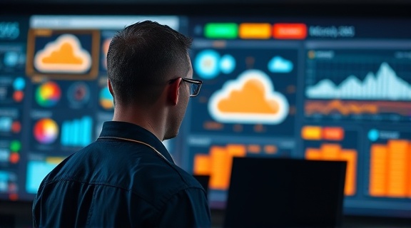 advanced Microsoft365cloud interface, intrigued IT professional, managing cloud services, photorealistic, in front of a futuristic control panel displaying cloud infrastructure, highly detailed, interactive cloud data visuals, 8k clarity, tech-themed color scheme, fluorescent lighting, shot with a deep focus lens.