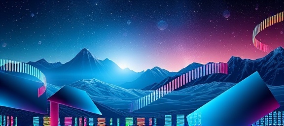 artistic download graphic, creative, illustrating seamless integration of technology, photorealistic, amidst a digital landscape with abstract shapes, highly detailed, with animated binary code streams, smooth gradients, vibrant spectrum of colors, backlit, shot with a telephoto lens.