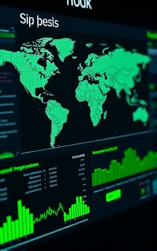 integrated SIP trunking, coherent, managing sessions, photorealistic, in a global network dashboard interface, highly detailed, graphical data flows and dashboards, pixel-perfect, vibrant green, balanced lighting, shot with a zoom lens