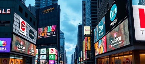dynamic callerid branding, eye-catching, promoting a brand, photorealistic, urban cityscape with billboards, highly detailed, animated transitions of logos, high-definition graphics, bold primary colors, dusk lighting with city gleam, shot with a wide-angle lens