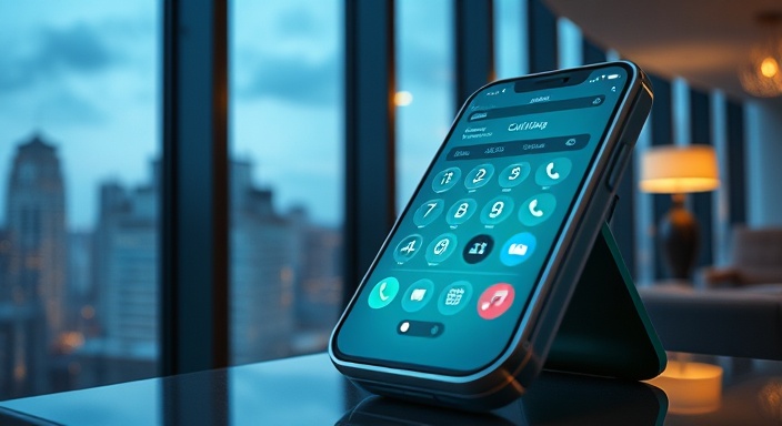 contemporary callerid phone, sleek design, ringing with notifications, photorealistic, apartment with large windows and skyline view, highly detailed, light vibrations as an incoming call rings, crisp visuals, chrome and teal color scheme, evening lighting with lamp glows, shot with a 24-70mm lens