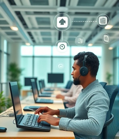 efficient cloud telephony, thoughtful expression, managing multiple calls, photorealistic, open-plan office with modern decor, highly detailed, spinning icons of connectivity, 8k resolution, teal and beige, soft lighting, shot with a 24mm lens