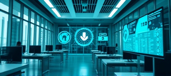 modern download concept, innovative, symbolizing efficient data management, photorealistic, in a futuristic office environment, highly detailed, with dynamic holographic displays, fine grain texture, teal and white colors, soft ambient lighting, shot with a standard 50mm lens.