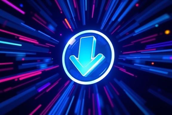 dynamic download icon, energetic, showing rapid data flow, photorealistic, in a colorful user interface with sliding transitions, highly detailed, with swirling light trails, glossy texture, gradient blue tones, direct lighting, shot with a fisheye lens.