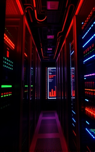 dynamic VoIP network, analytical expression, optimizing performance with analytics, photorealistic, server room with blinking lights and cooling systems, highly detailed, animated network graphs, 10k resolution, red and black, low-key lighting, shot with a 70-200mm lens