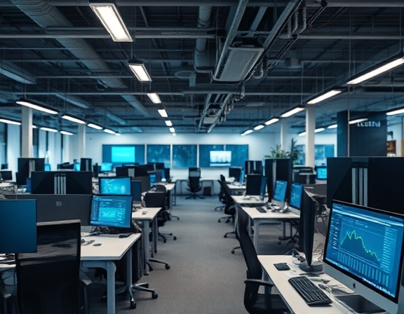 innovative telecom SIP, seamless, facilitating communication, photorealistic, amidst open office spaces filled with tech equipment, highly detailed, digital linkages and graphs, sharp and clear focus, metallic grey, diffused lighting, shot with a standard lens