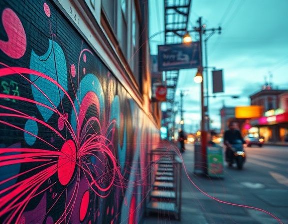 abstract download concept, imaginative, depicting the fusion of art and technology, photorealistic, in a vibrant urban setting with street art influences, highly detailed, kinetic energy in the form of lines and swirls, textured canvas, multi-color scheme, ambient dusk lighting, shot with a prime lens.