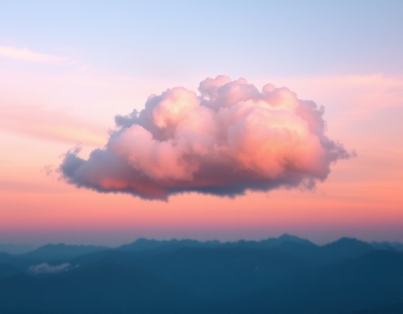 wispy CSNY cloud, ethereal, merging with the horizon, photorealistic, against a backdrop of mountains, highly detailed, drifting slowly, 85mm lens, soft pink and blue, golden hour lighting, shot with a Canon EOS 5D Mark IV
