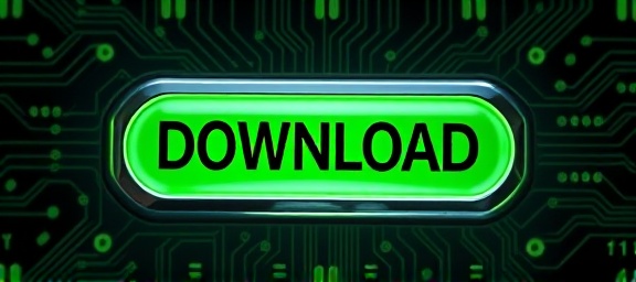futuristic download button, excited, indicating high-speed connectivity, photorealistic, set against a technologically advanced background with circuit patterns, highly detailed, interactive glow effect, precise edges, neon green and silver, harsh spotlight, shot with a wide-angle lens.