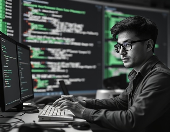 state-of-the-art Microsoft365tools, curious developer, coding in a virtual environment, photorealistic, against a backdrop of digital code and tech gadgets, highly detailed, live programming scripts display, 4k quality, monochrome with hints of green, focused spot lighting, shot with a standard lens.
