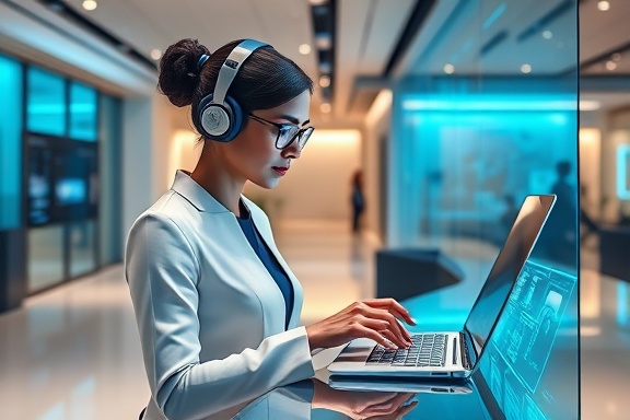 advanced virtual receptionist, engaging, typing, photorealistic, open space with innovative tech gadgets and digital screens, highly detailed, gentle movement of virtual interface, ultra HD, translucent holographic display, diffused lighting, shot with a 50mm lens