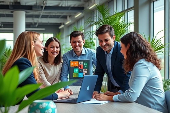 dynamic Microsoft365collaboration, cheerful colleagues, exchanging ideas using virtual workspaces, photorealistic, within a modern open-plan office full of greenery and natural light, highly detailed, animated collaboration tools, 8k resolution, vibrant multi-color palette, natural daylight, shot with a 50mm prime lens.