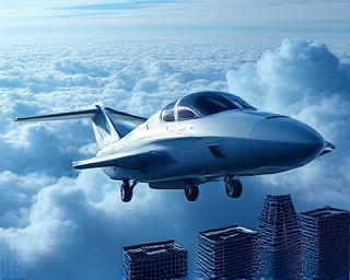 innovative cloud mission, determined, maneuvering through the digital stratosphere, photorealistic, backdrop of a tech-integrated skyline, highly detailed, digital connections, ultra-high definition, electric blues and silvers, ambient glow, shot with a telephoto lens.