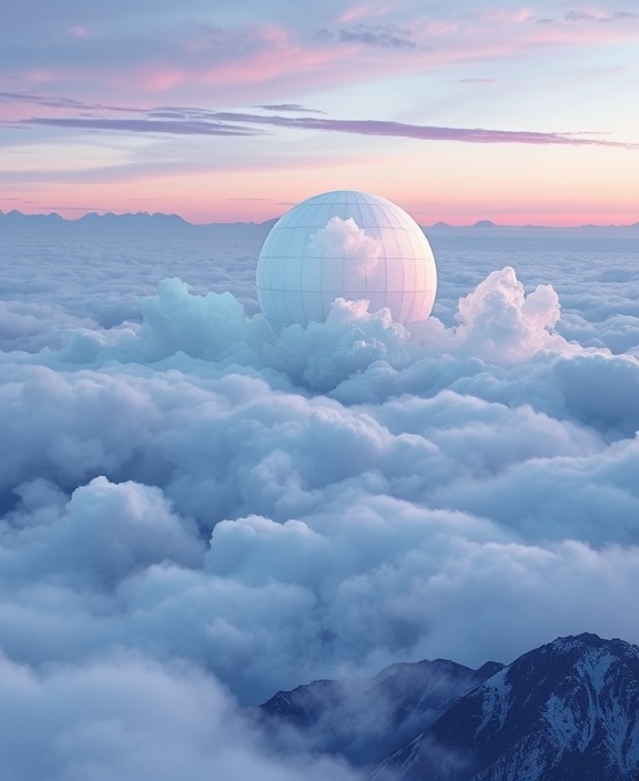 futuristic CSNY cloud, contemplative, transforming traditional landscapes, photorealistic, scenery of quantum computing arrays, highly detailed, neural network simulators, extreme high resolution, striking whites and purples, soft twilight glow, shot with a super wide-angle lens.