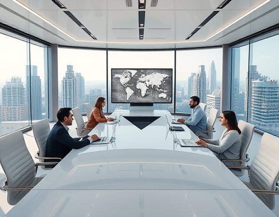 reliable VoIP communication, collaborative expression, facilitating a global meeting, photorealistic, corporate boardroom setting with panoramic city views, highly detailed, interactive holograms, 10k resolution, white and gray, natural daylight, shot with a 35mm lens