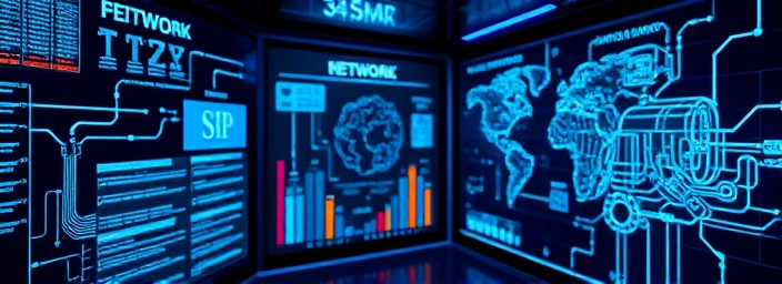 sophisticated network SIP, secure, exchanging packets, photorealistic, within a futuristic command center with holographic displays, highly detailed, network maps and topology, crisp definition, neon blue, focused backlighting, shot with a macro lens