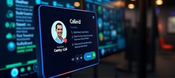 sleek callerid app, intuitive interface, displaying a recent call, photorealistic, digital workspace environment, highly detailed, interactive touch elements, 4K screen resolution, vivid colors, LED screen-style backlighting, shot with a macro lens