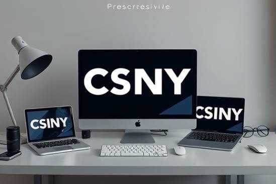 responsive CSNY homepage, dynamic, loading across various devices, photorealistic, displayed on tech gadgets on a contemporary desk, highly detailed, reflections on screens, 24mm lens, silver and white, balanced light, shot with a Pentax K-1