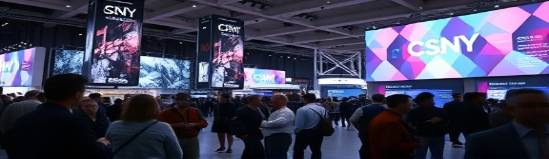 revolutionary CSNY technology, sleek, displayed at a tech expo, photorealistic, with curious attendees in a large exhibition hall, highly detailed, flickering digital displays, 35mm lens, chrome and black, spotlighting, shot with a Leica SL2