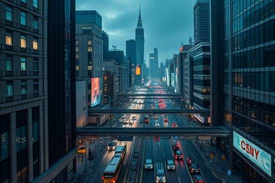 sophisticated CSNY network, intelligent, optimizing city infrastructure, photorealistic, overlay on a bustling metropolis, highly detailed, data streams visible, wide-angle lens, grey and neon, urban dusk lighting, shot with a Hasselblad X1D II